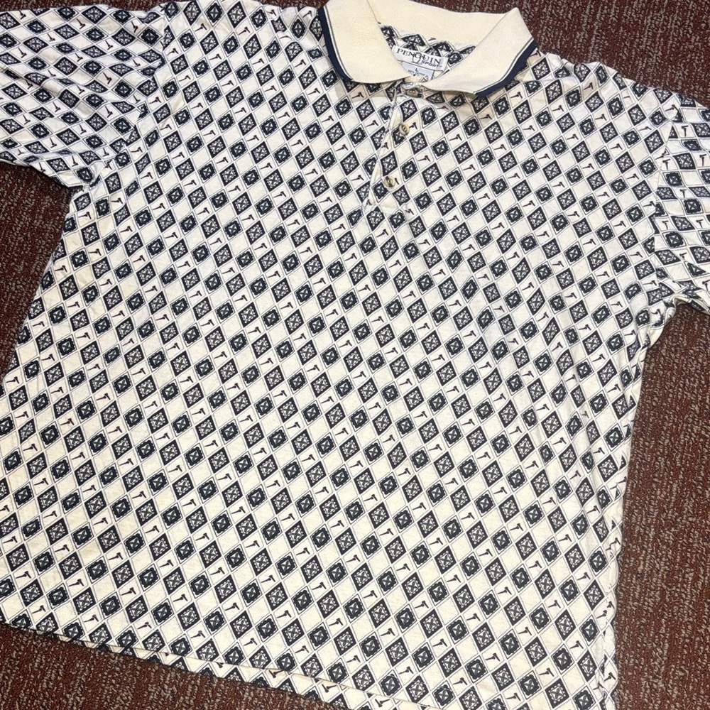 Vintage Penguin Sport gold tee Patterned Polo Shirt in Cream and Black check L